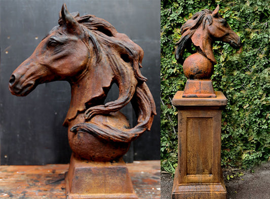 Rust coloured concrete Horse Heads and Pedestals - Art of Equestrian