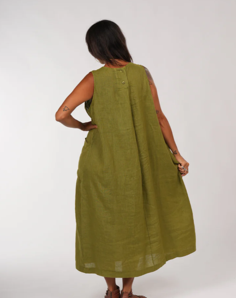 MONTAIGNE - Remy Linen Dress with Deep Front Pockets - Acid Green