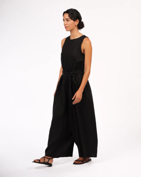 MONTAIGNE - Alba French Linen Tie-Waist Jumpsuit - Black