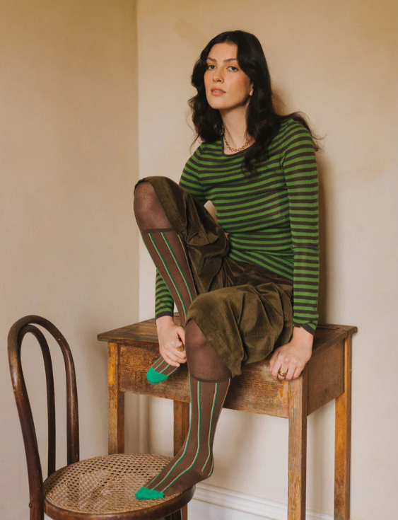 MONTAIGNE - Women’s 100% Australian Merino Wool Knit Spencer in Stripe - Green