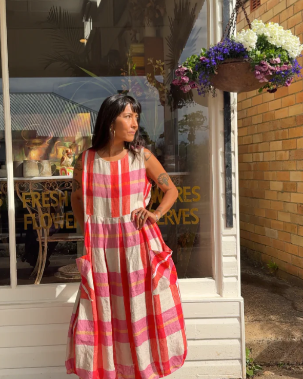 MONTAIGNE PARIS - Sartene French linen dress in Orange check