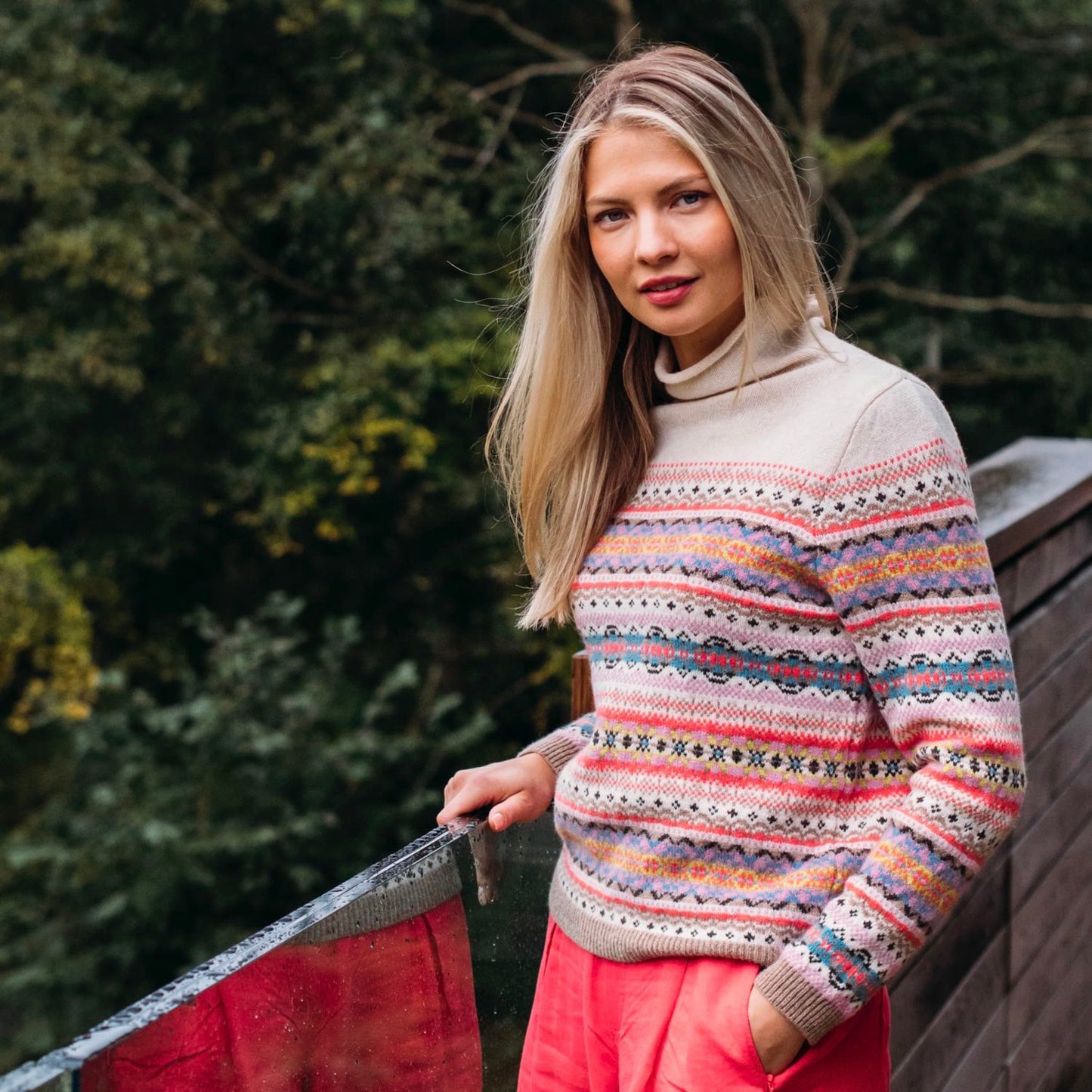 ERIBÉ Kinross Fairisle High Neck Sweater - Coral