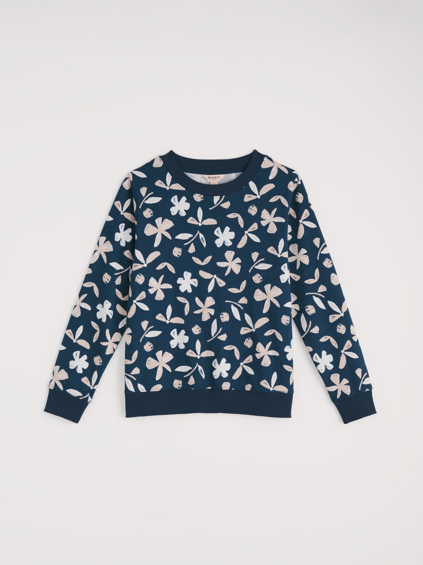 SEASALT CORNWALL - Bright Wave Crew Neck Sweatshirt - Organic Shapes Dark Lugger Sketchbook Blooms Marine Poppy Stems Sailboats Winding Meadow Mix