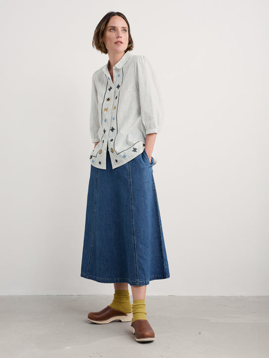 SEASALT CORNWALL - Hope Cottage Embroidered Blouse - Simplicity Stripe Chalk Maritime