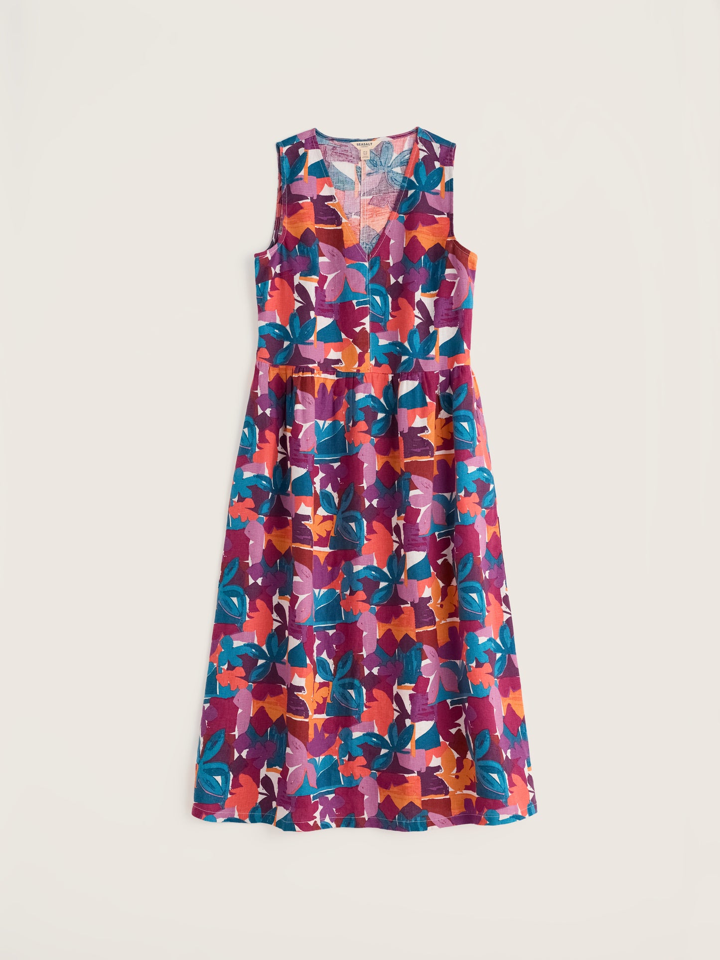 SEASALT CORNWALL - Lowland Heather Sleeveless Linen Dress - Floral Tropic Shapes Chalk