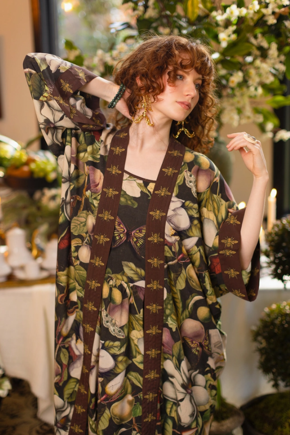 Market of Stars - Fleur De Lune Opera Duster Kimono Robe w/ Florals & Bees