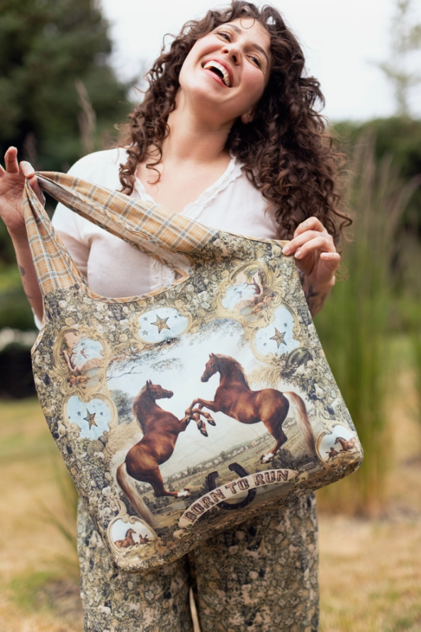 Market of Stars - Born To Run Boho Linen Tote Bag w/ Wild Horse & Floral Print
