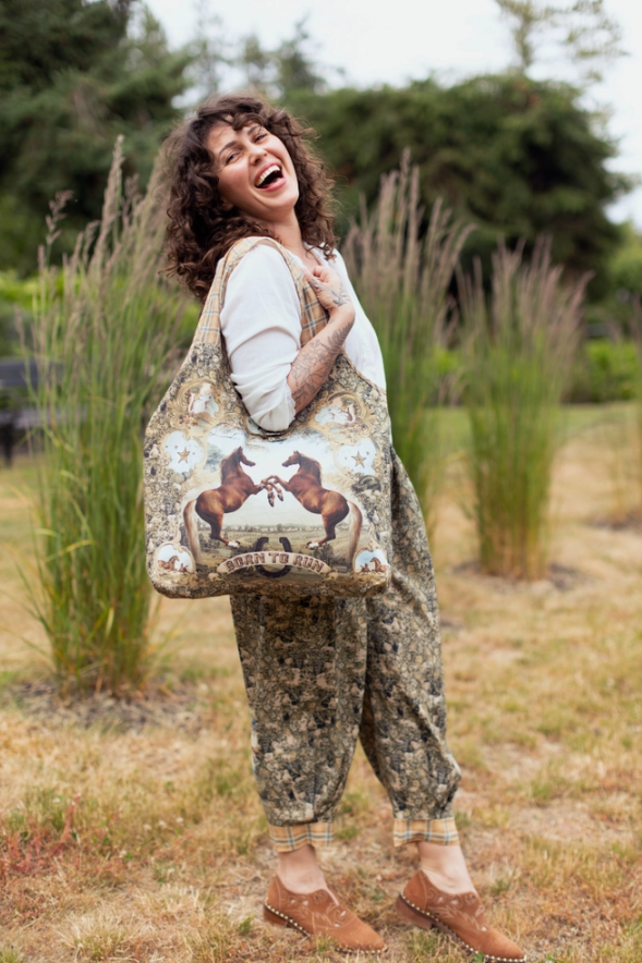 Market of Stars - Born To Run Boho Linen Tote Bag w/ Wild Horse & Floral Print