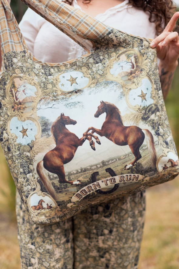 Market of Stars - Born To Run Boho Linen Tote Bag w/ Wild Horse & Floral Print