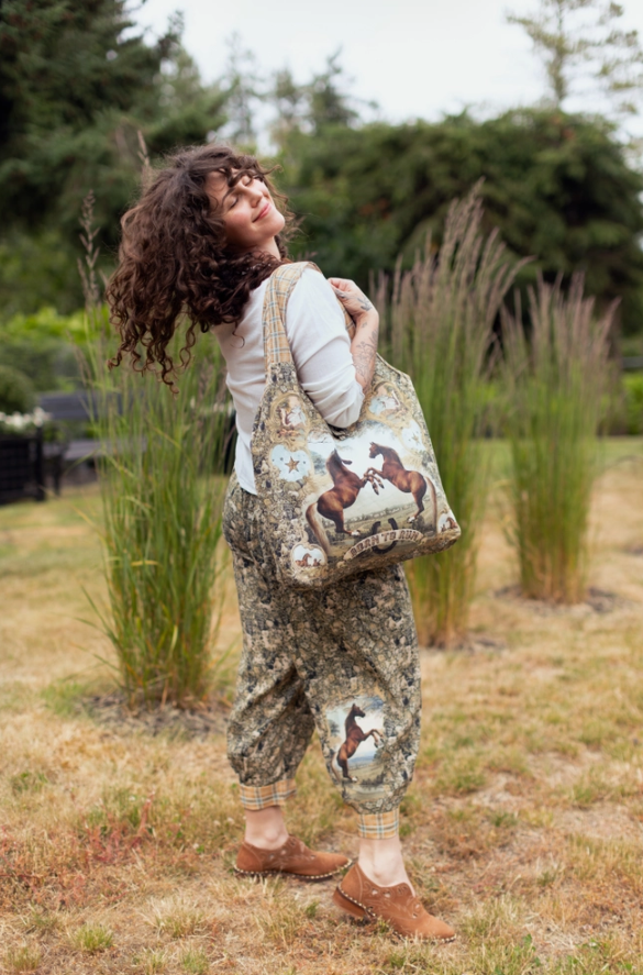 Market of Stars - Born To Run Boho Linen Tote Bag w/ Wild Horse & Floral Print