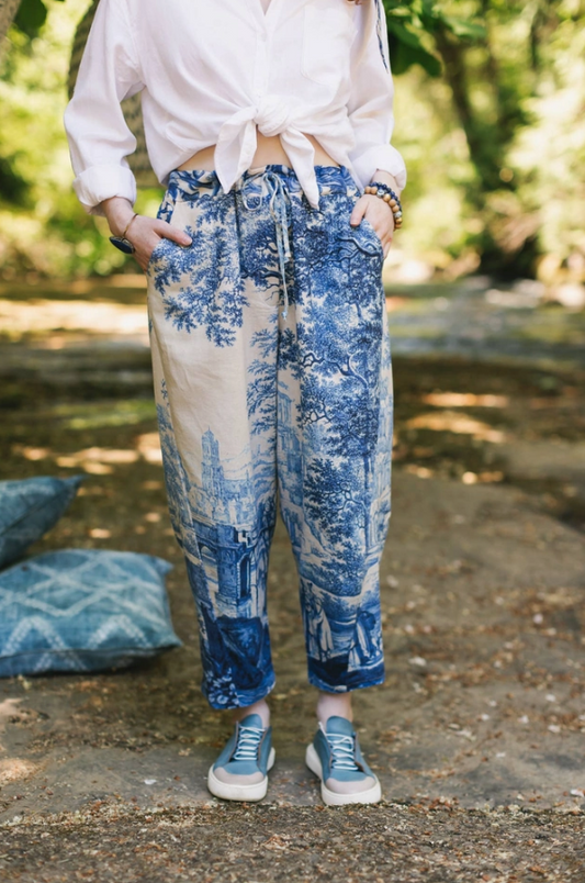 MARKET OF STARS - Let the Light in Linen Cropped Artist Pant w/ Delft Print
