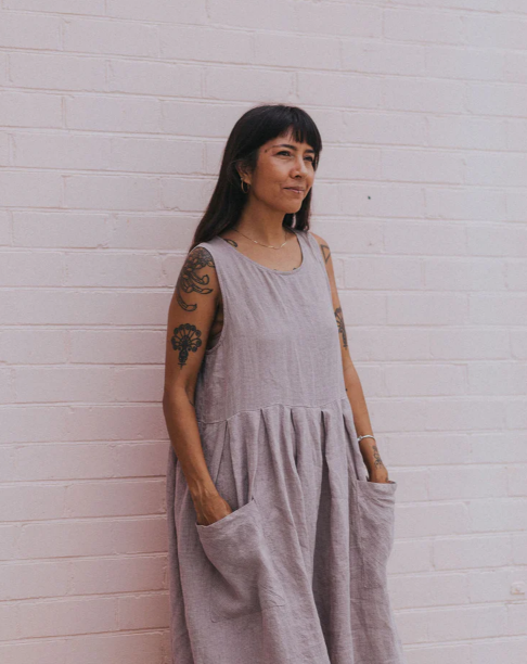 MONTAIGNE - Sartene French Linen Dress in Houndstooth - Lilac