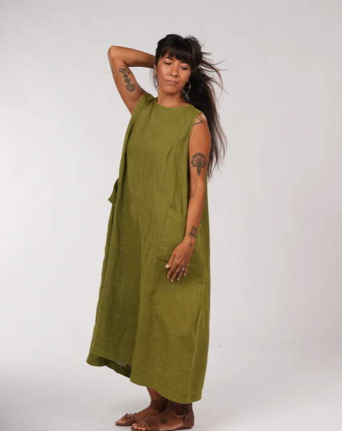 MONTAIGNE - Remy Linen Dress with Deep Front Pockets - Acid Green
