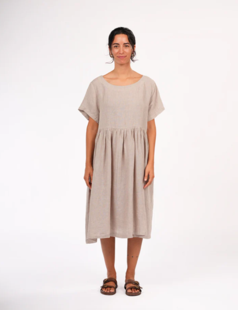 MONTAIGNE - Juni French Linen Summer Staple Dress in Houndstooth - Natural