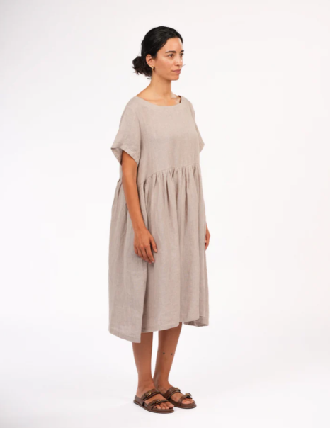 MONTAIGNE - Juni French Linen Summer Staple Dress in Houndstooth - Natural