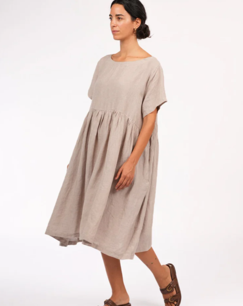 MONTAIGNE - Juni French Linen Summer Staple Dress in Houndstooth - Natural