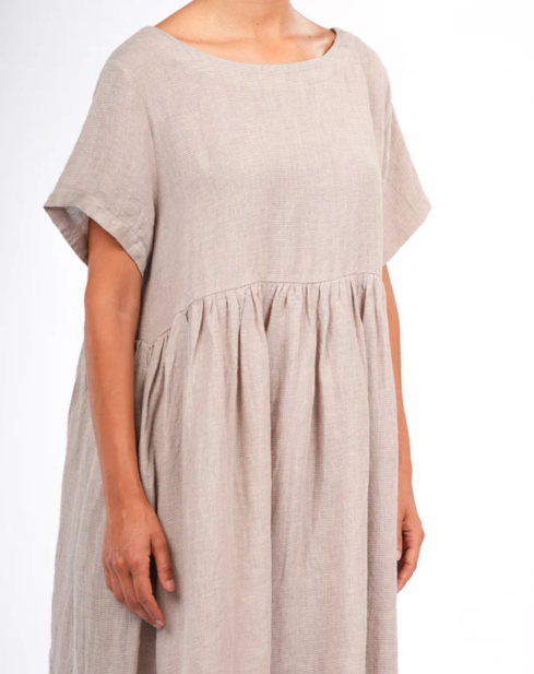 MONTAIGNE - Juni French Linen Summer Staple Dress in Houndstooth - Natural