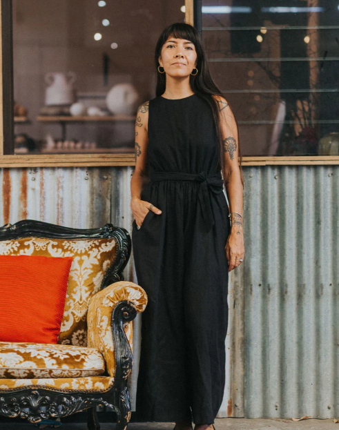 MONTAIGNE - Alba French Linen Tie-Waist Jumpsuit - Black