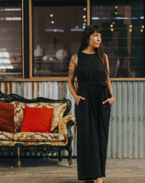 MONTAIGNE - Alba French Linen Tie-Waist Jumpsuit - Black