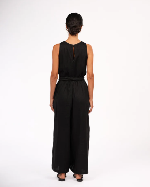 MONTAIGNE - Alba French Linen Tie-Waist Jumpsuit - Black