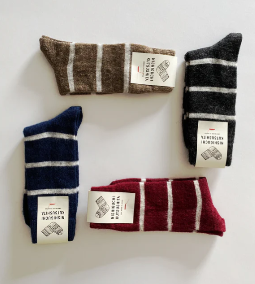 NISHIGUCHI KUTSUSHITA : oslo mohair wool border sock MOCHA CHALK Small