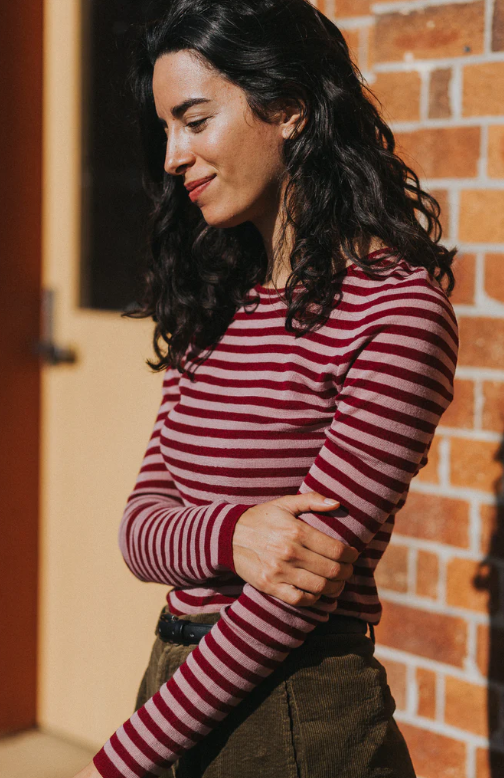 MONTAIGNE - Women’s 100% Australian Merino Wool Knit Spencer in Stripe - Red