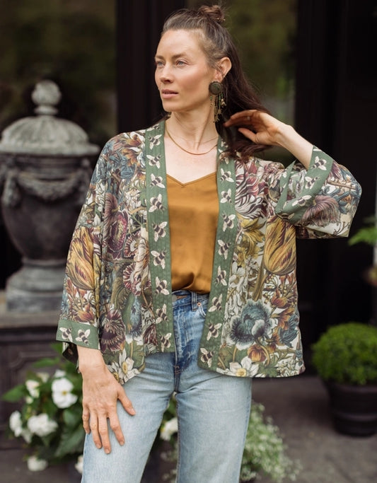 Market of Starrs - Love Grows Wild Floral Bamboo Cropped Kimono with Bees