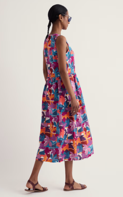 SEASALT CORNWALL - Lowland Heather Sleeveless Linen Dress - Floral Tropic Shapes Chalk