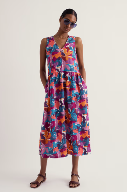 SEASALT CORNWALL - Lowland Heather Sleeveless Linen Dress - Floral Tropic Shapes Chalk