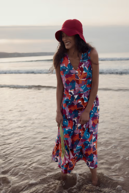 SEASALT CORNWALL - Lowland Heather Sleeveless Linen Dress - Floral Tropic Shapes Chalk